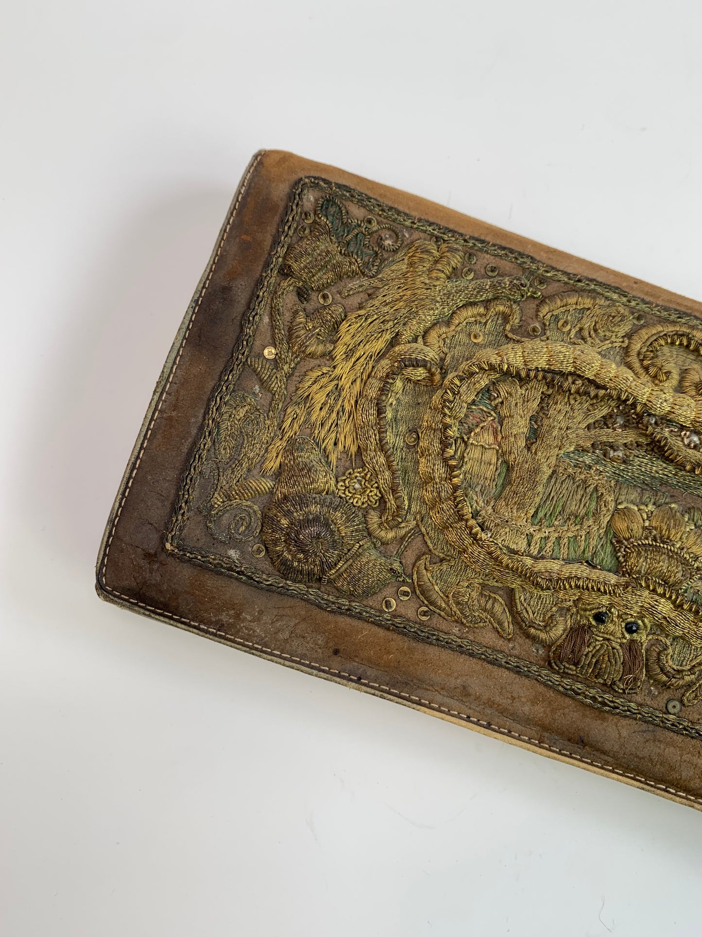 Vintage 3D Embroidered Leather Clutch - Rainforest Scene