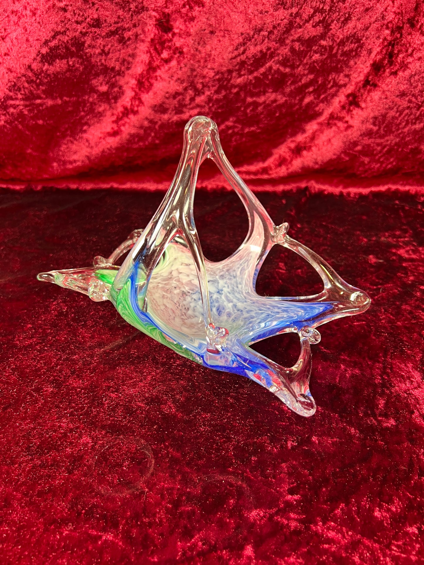 Vintage Art Glass - Glass Basket Candy Bowl - Blue, Green, and Pink - Murano