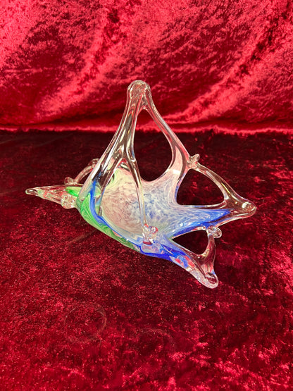 Vintage Art Glass - Glass Basket Candy Bowl - Blue, Green, and Pink - Murano