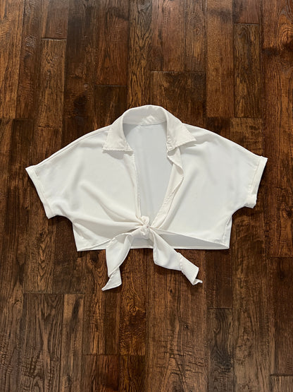 Vintage White Tie Front Shrug Crop Top - Collared Short Sleeve Bolero