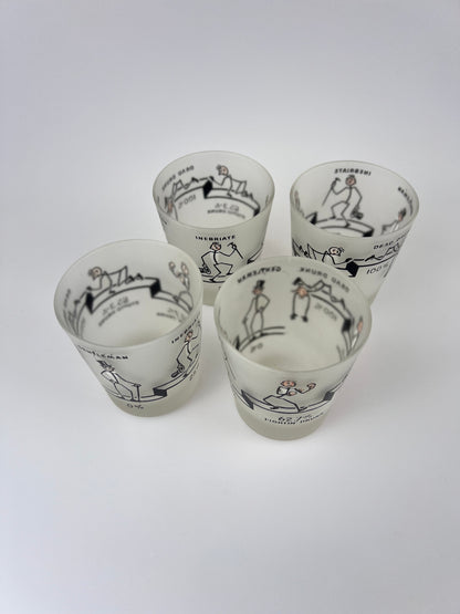 Humorous Vintage Frosted Glass Lowball Tumblers - 100% Dead Drunk - Set of 4