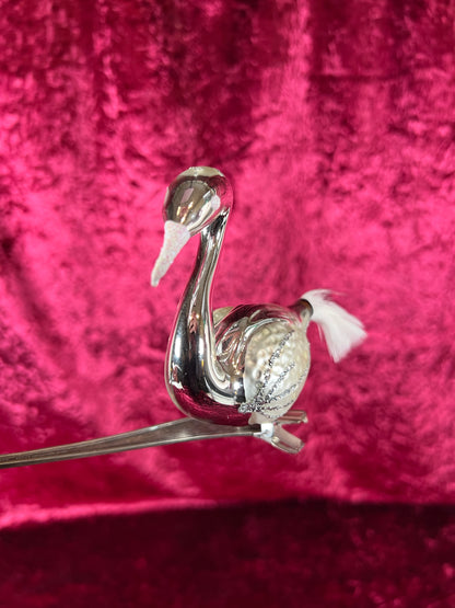 Vintage Christmas - Glass Clip-On Ornament - Silver Swan with Feather Tail