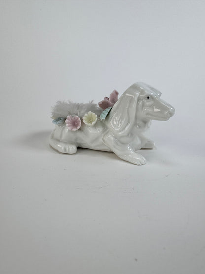 Vintage White Dachshund Dog Porcelain Pin Cushion - Blue Yellow Pink Flowers