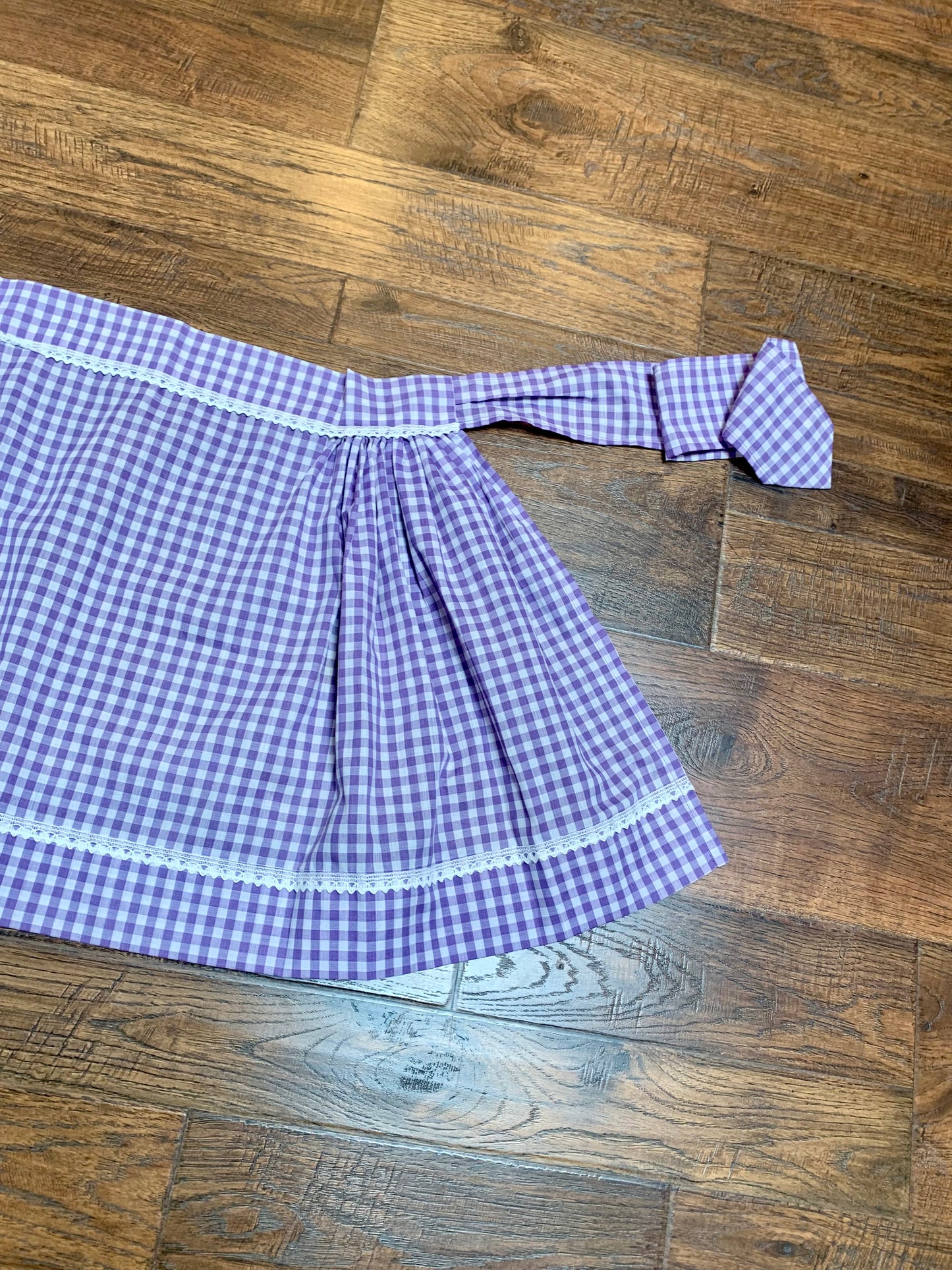 Vintage Lilac & Periwinkle Gingham Half Apron with Lace Detail