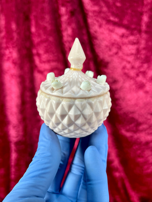 Vintage Trinket Box - Miniature Porcelain Lidded Jar - Baby Pink with Rosettes - Made In Japan