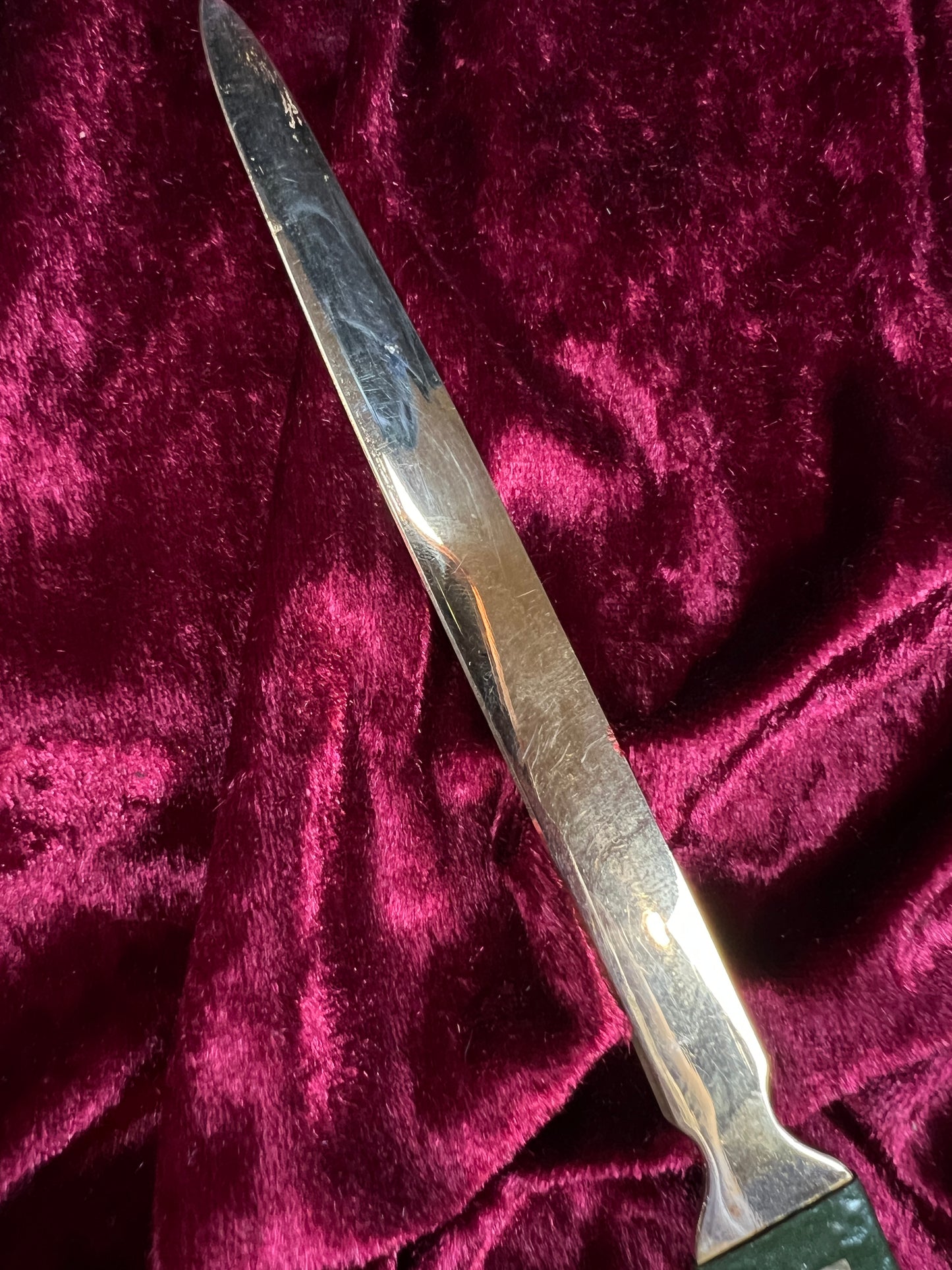 Vintage Brass Letter Opener - Art Deco Green Geometric Handle