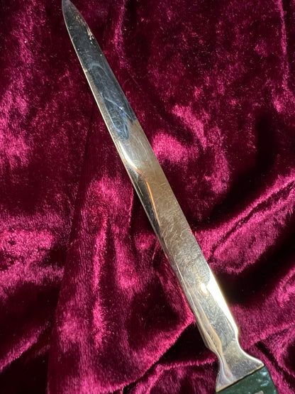 Vintage Brass Letter Opener - Art Deco Green Geometric Handle