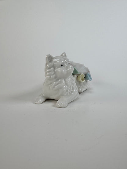 Vintage White Cat Porcelain Pin Cushion - Blue Yellow Pink Flowers