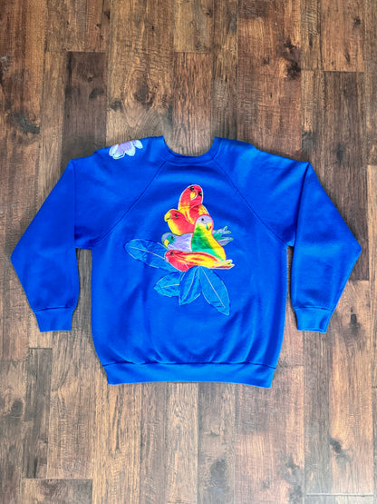 An Original By Aloha & Jackie Tultex Crewneck Sweatshirt - Parrots & Flowers Applique - X-Large