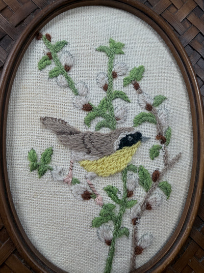 Vintage Woven Wood Framed Crewel Embroidery - Chickadee Bird Botanical Textile Art