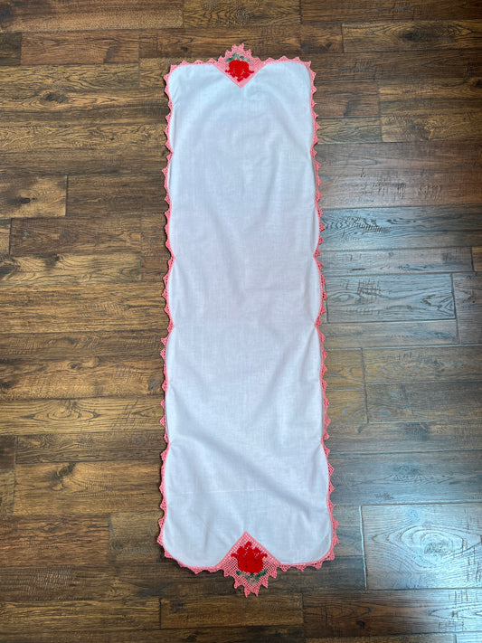 Vintage Linens - Table Runner with Lace Trim - Pink with Red Rose
