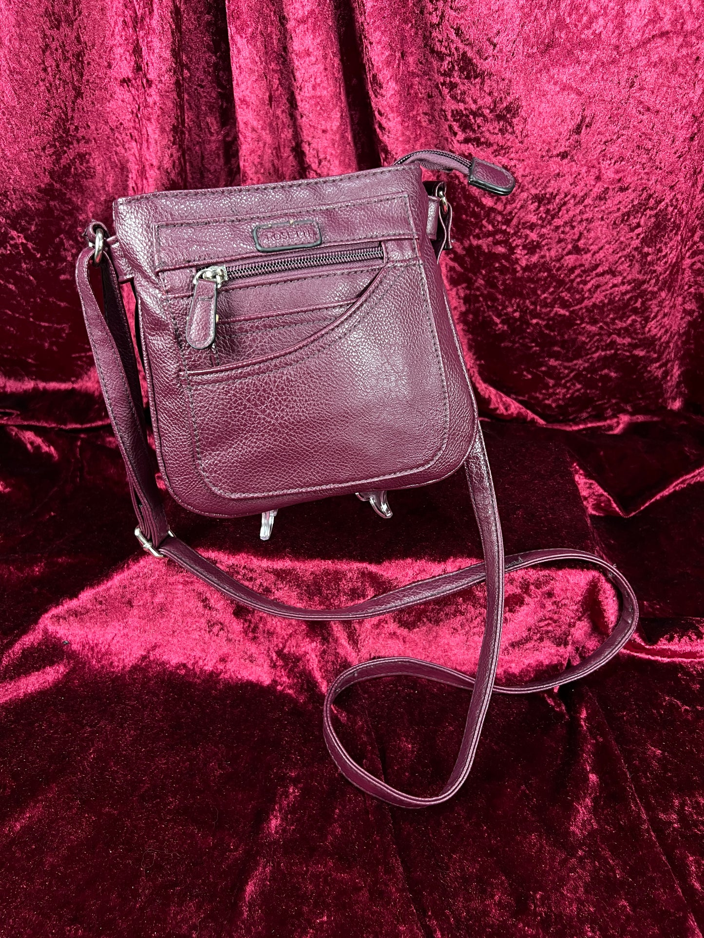 Vintage Faux Leather Crossbody Bag - Burgundy Pebbled Utility Purse - Rosetti