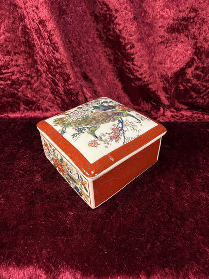 Vintage Ceramic Trinket Box – Peacocks In The Flower Garden - Lidded - Made In Japan