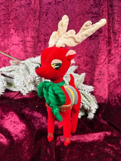 Vintage Christmas - Stuffed Doll - Red Velveteen Reindeer - Japan