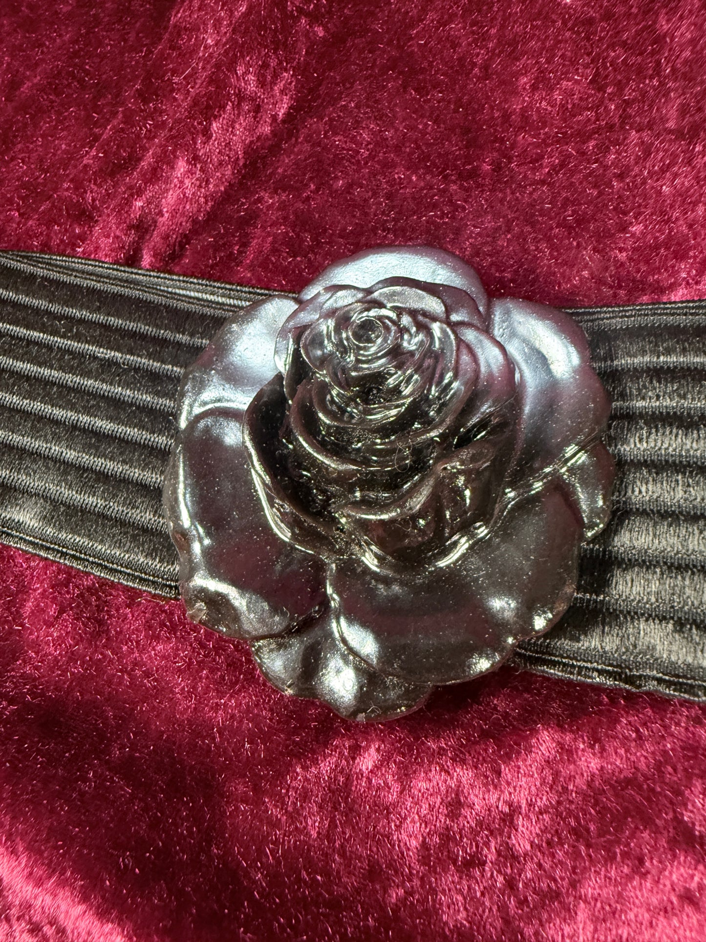 Vintage Elastic Waist Belt - Black Rose Statement Buckle - Charmant Belts California
