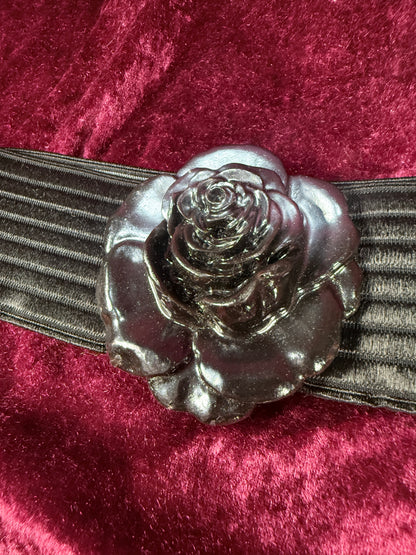 Vintage Elastic Waist Belt - Black Rose Statement Buckle - Charmant Belts California