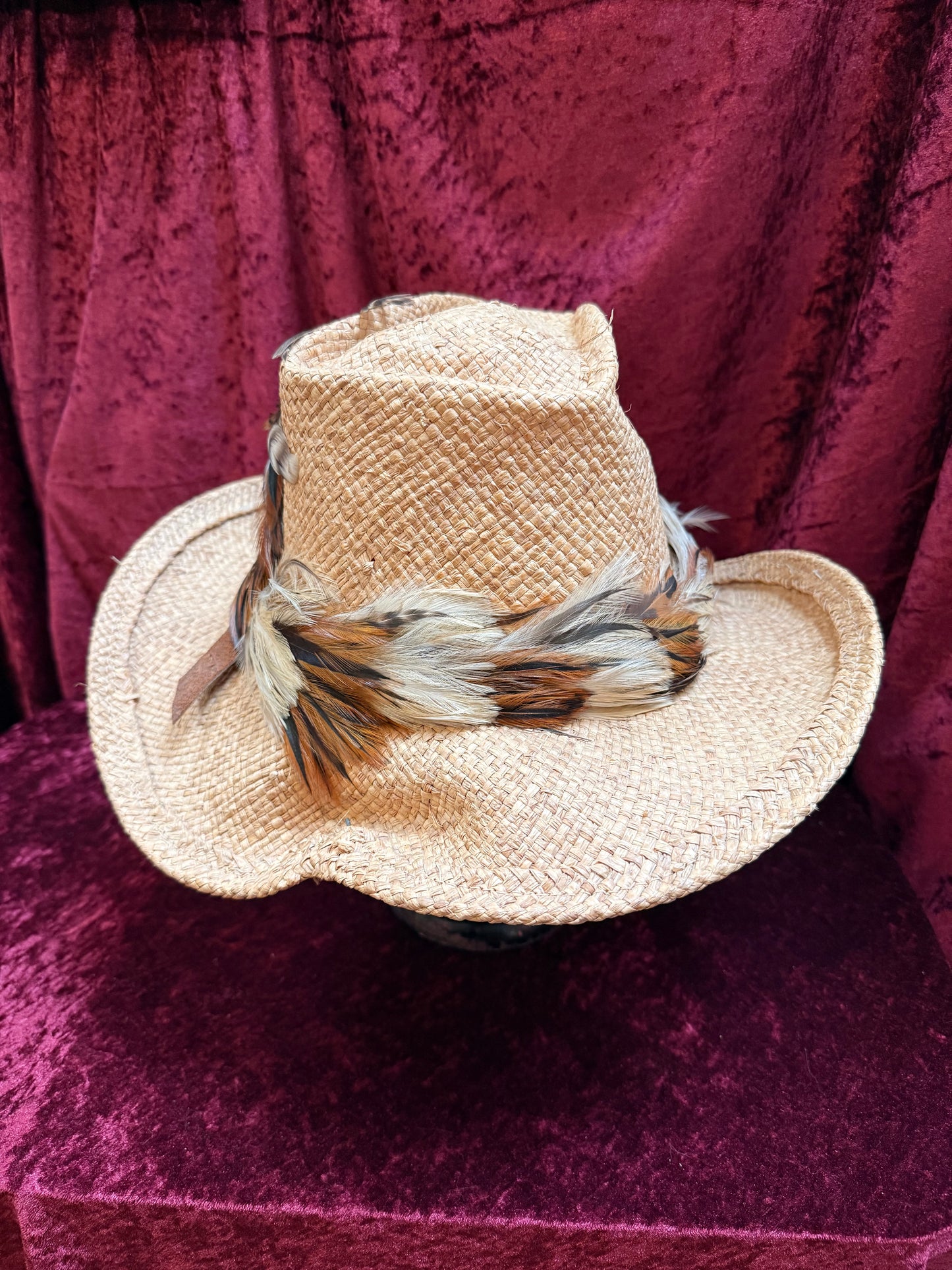 Vintage Accessories - Straw Cowboy Hat with Feathers - Shady Brady Unisex Large