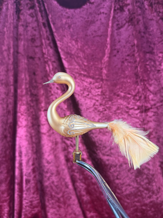 Vintage Christmas - Handblown Glass Clip On Ornament - Gold Swan with Feather Tail