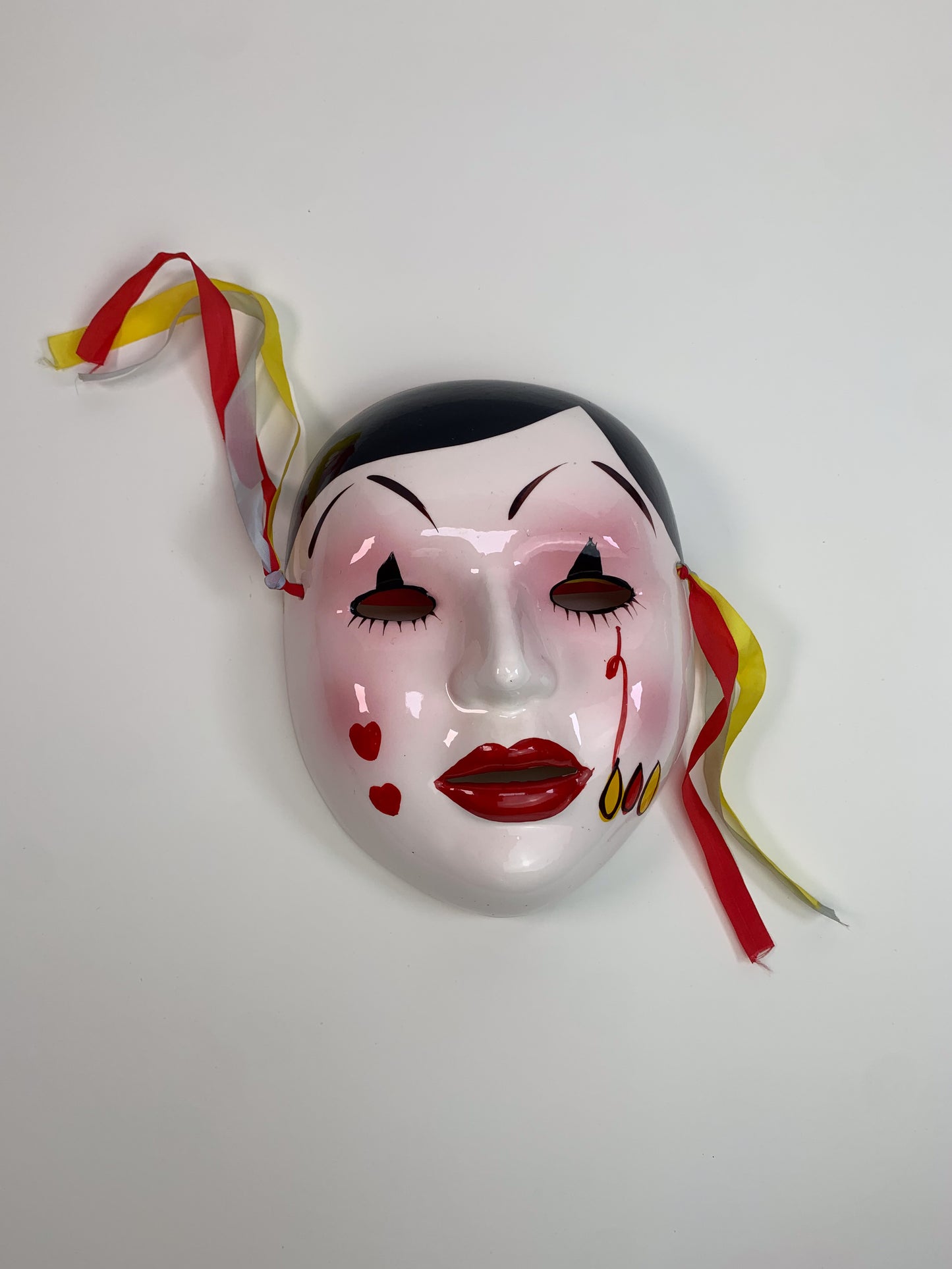 Vintage 1980s Hand Painted Ceramic Pierrot Clown Mask - Heart Tears - Made In Taiwan