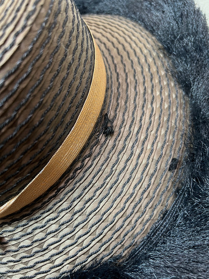 Vintage Accessories - Straw Sun Hat - Black with Faux Ostrich Feather Brim - Medium