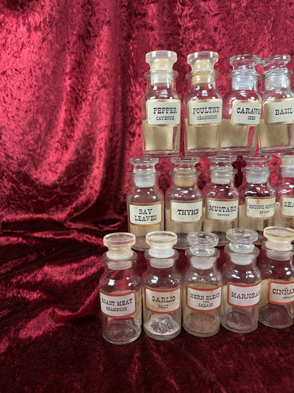 Vintage Glass Apothecary Style Spice Jar Set with Original Labels - Kitchen Collection Set