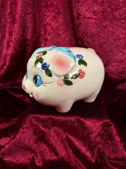 Vintage Ceramic Piggy Bank - Anthropomorphic Blue Eyed Kitsch Pig