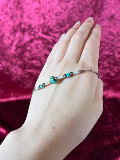 Vintage Jewelry - Beaded Bracelet - Silver Tone - Puka Shell and Turquoise - 7.5"