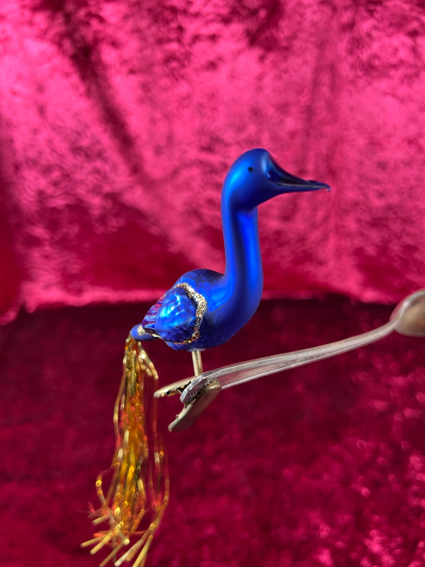 Vintage Christmas - Glass Clip-On Ornament - Royal Blue Crane with Tinsel Tail