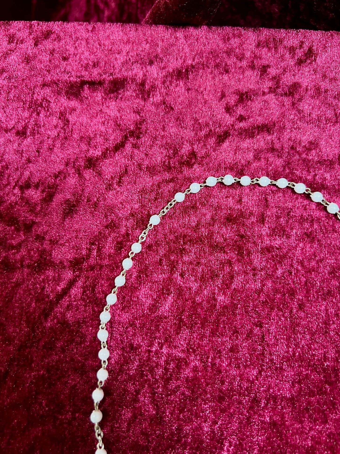 Vintage Jewelry - Rosary Beads - Shiny White Beads - Brass Tone Cross - 12.75"