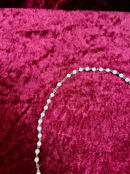 Vintage Jewelry - Rosary Beads - Shiny White Beads - Brass Tone Cross - 12.75"