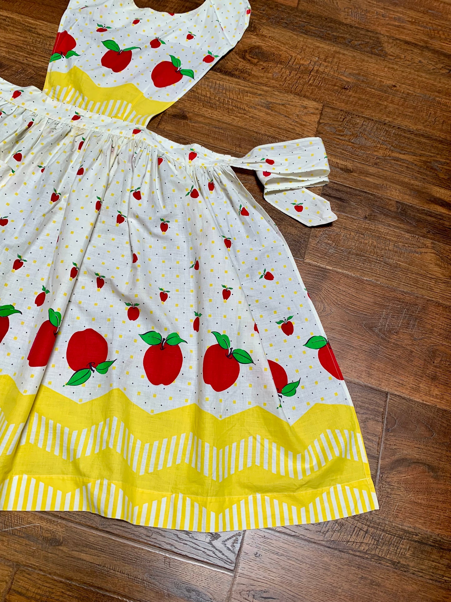 Vintage Pinafore Apron - White with Black Polka Dots Red Apples & Yellow Checkers