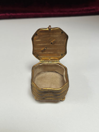 Vintage Trinket Box - Footed Ring Box - Red Leaf Lid - Brass Curved Design