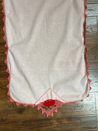 Vintage Linens - Table Runner with Lace Trim - Pink with Red Rose
