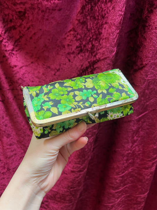 Vintage Accessories - Cosmetic Case with Mirror - Green Floral Pattern