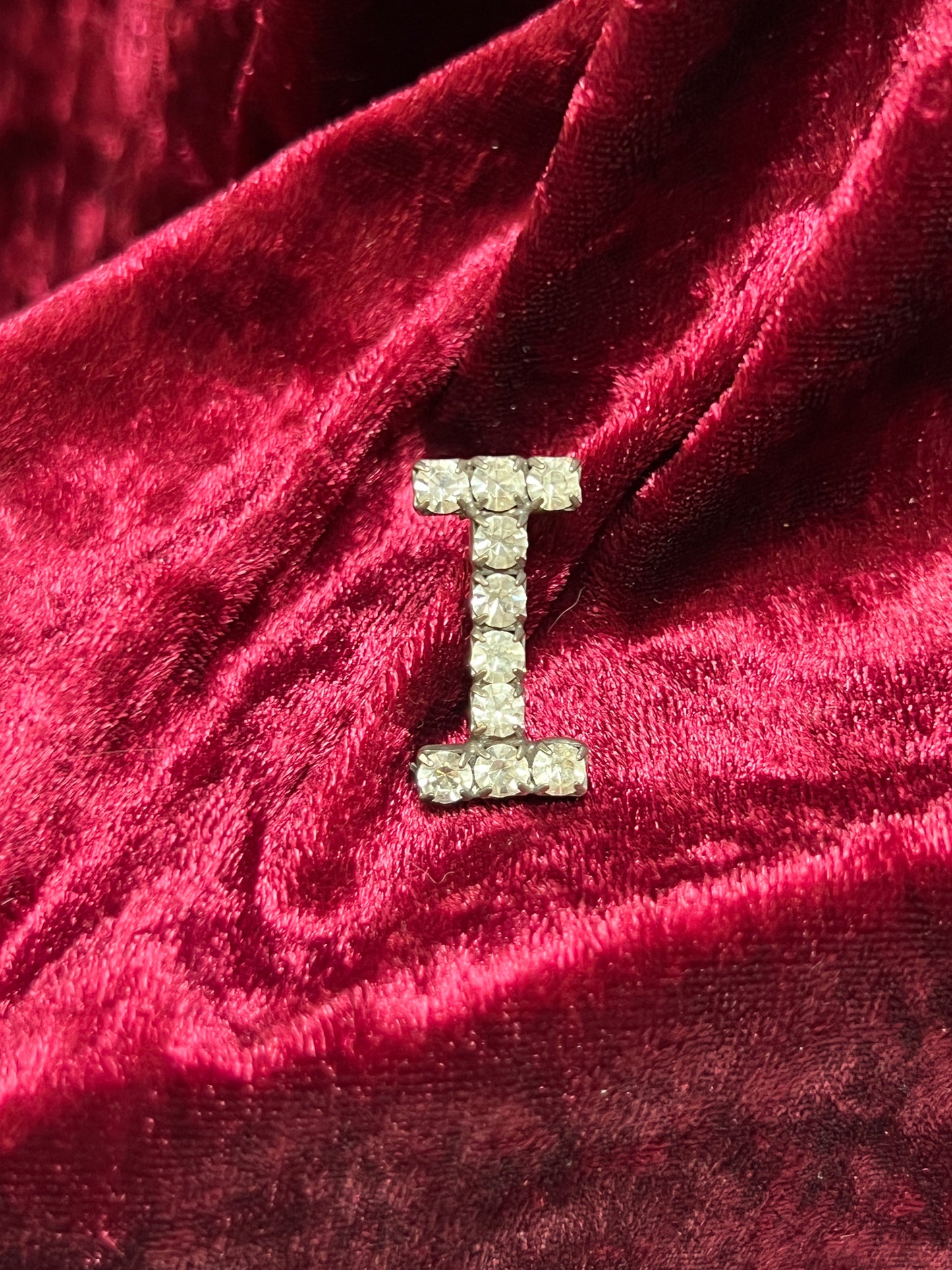 Vintage Jewelry - Brooch - Silver Tone Metal - Clear Rhinestones - Letter I