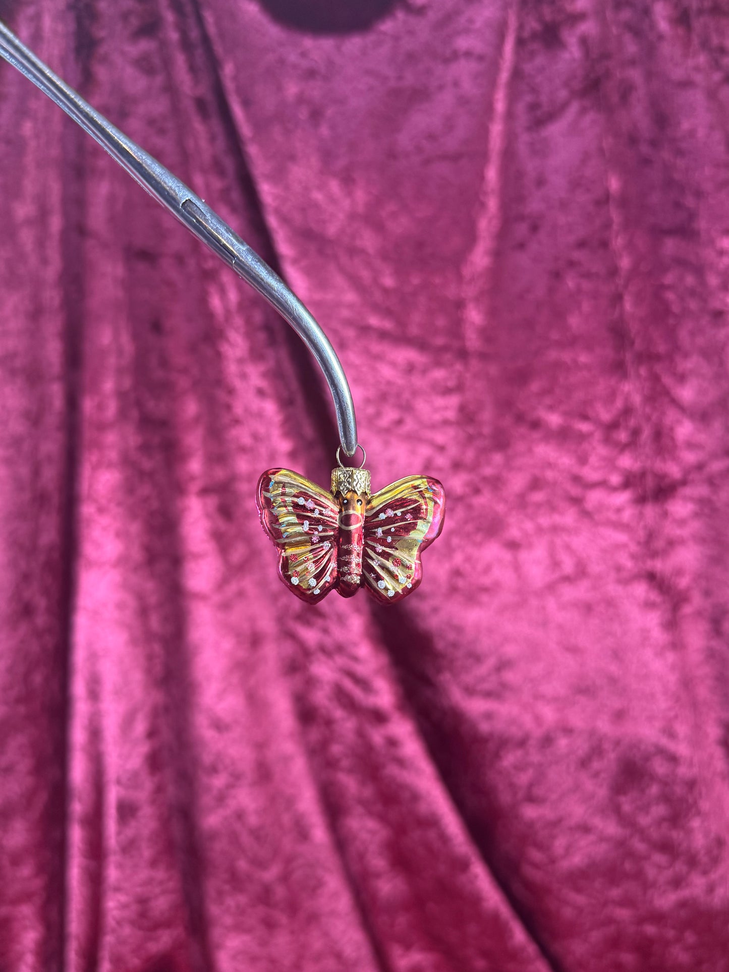 Vintage Christmas - Handblown Glass Ornament - Hot Pink Butterfly - 1.75"