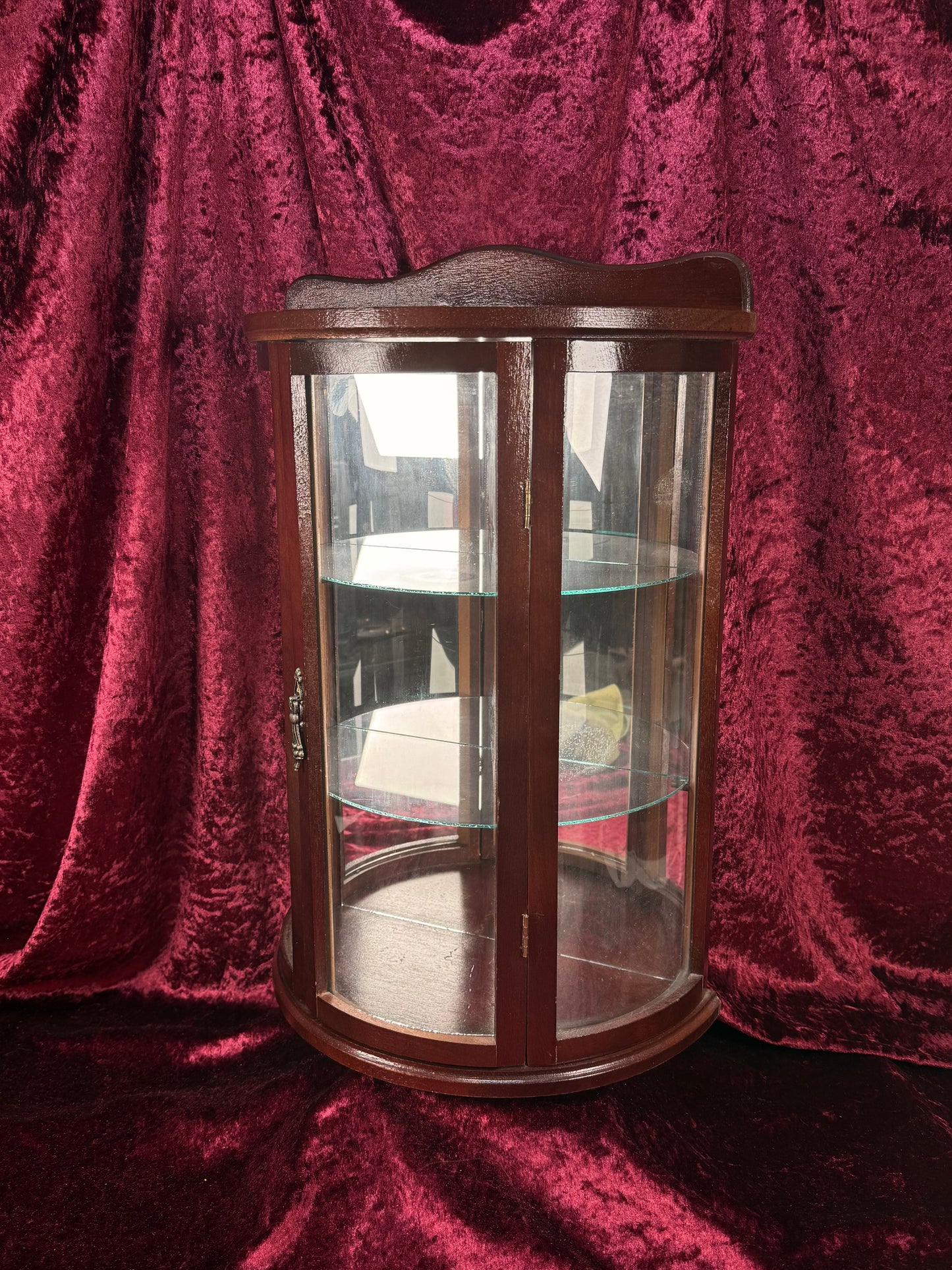 Vintage Curio Cabinet - Table Top Wood Curved Glass Cabinet - Mirrored Back - Glass Shelves - 20" Tall