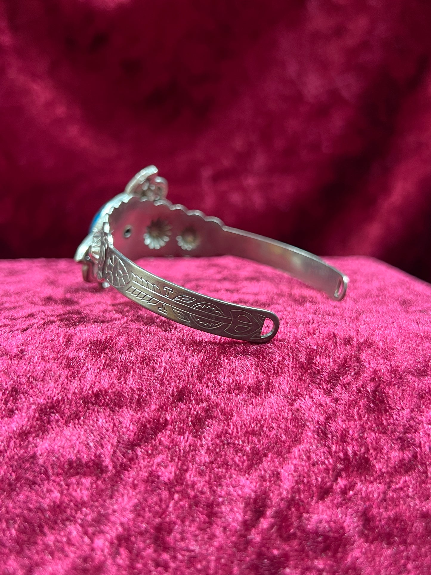 Vintage Jewelry - Cuff Bracelet - Engraved Silver Tone Metal - Faux Turquoise Center