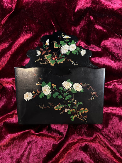 Antique Papier Mache Wall Pocket - Victorian Black Lacquer Painted White Flowers
