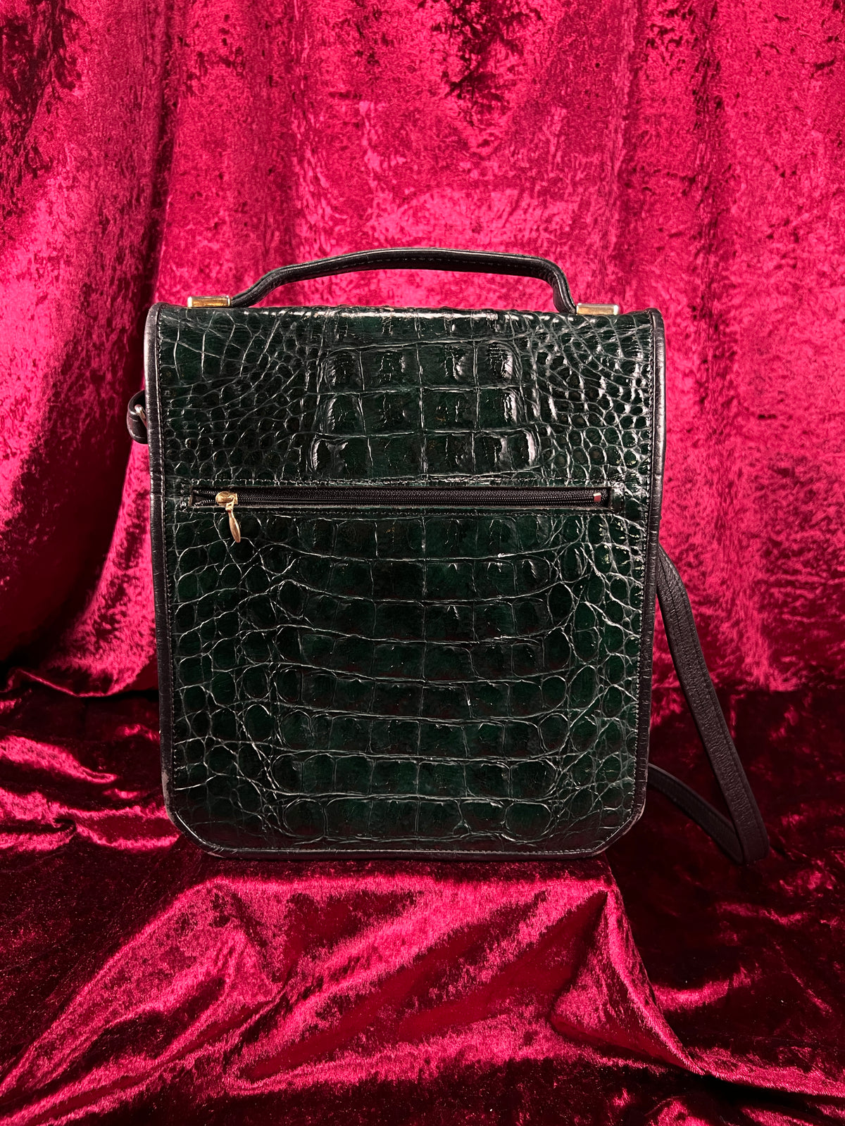 Vintage Emerald Green Leather Crossbody Bag - Croc Embossed Top Handle Purse