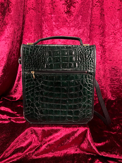 Vintage Emerald Green Leather Crossbody Bag - Croc Embossed Top Handle Purse