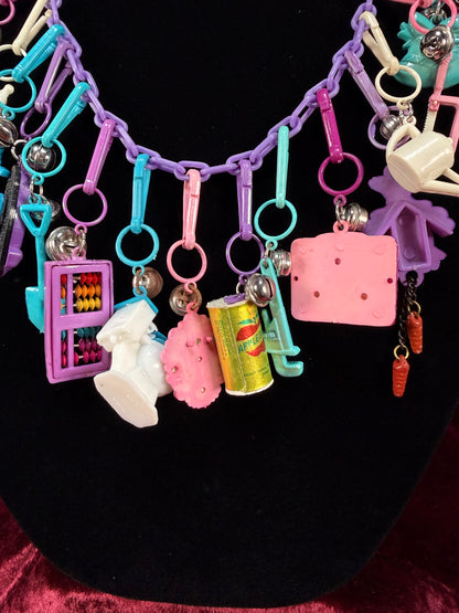 Vintage 1980s Plastic Chain Charm Necklace - 20 Bell Charms - Purple & Aqua Blue
