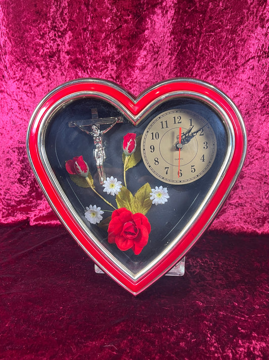 Vintage Wall Clock - Red Heart Shaped Shadow Box - Crucifix and Roses