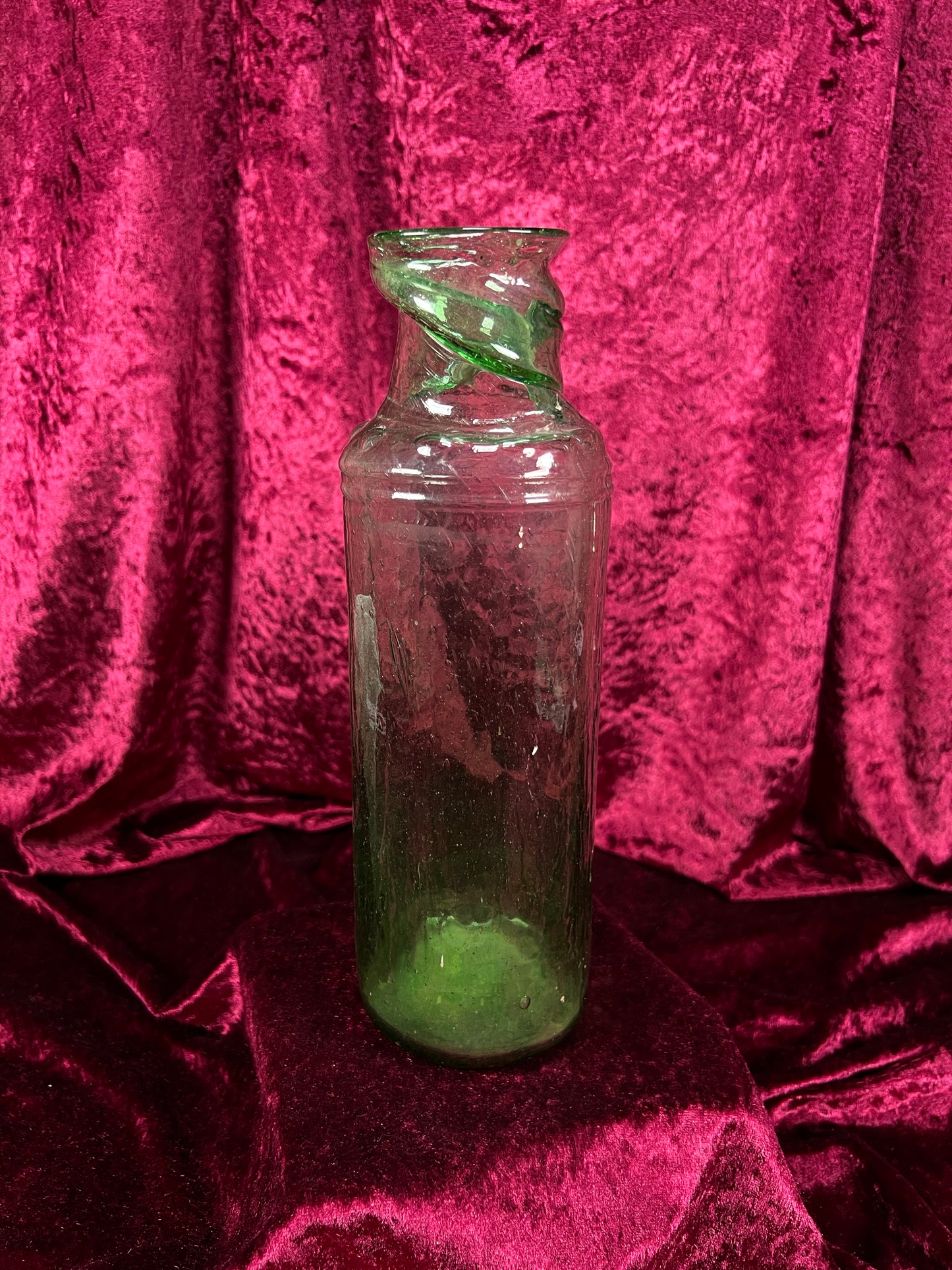 Vintage Hand Blown Green Glass Bottle - Twisted Rim Open Mouth Vase