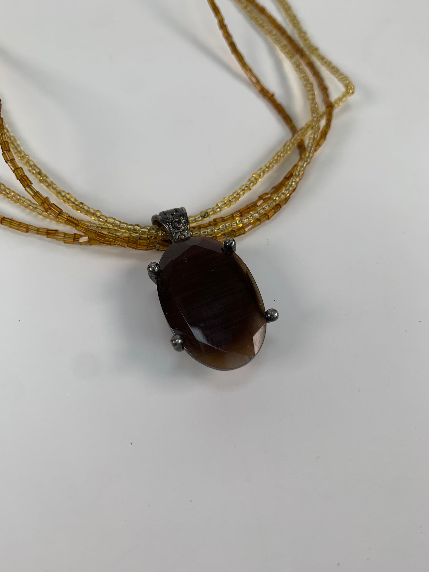Vintage Jewelry - Five Strand Beaded Pendant Necklace - Faux Amber Rhinestone - Premier Design