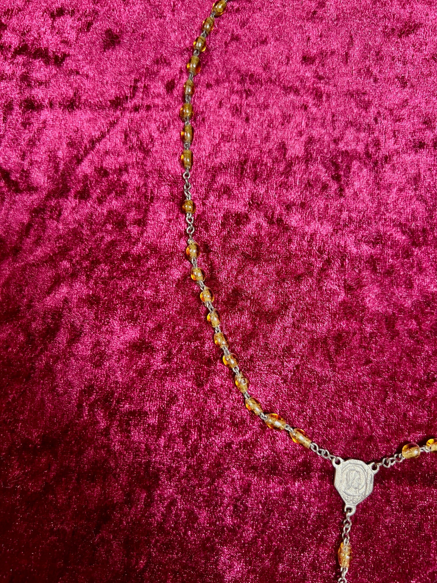 Vintage Jewelry - Rosary Beads - Clear Amber Beads - Brass Tone Cross - 14"