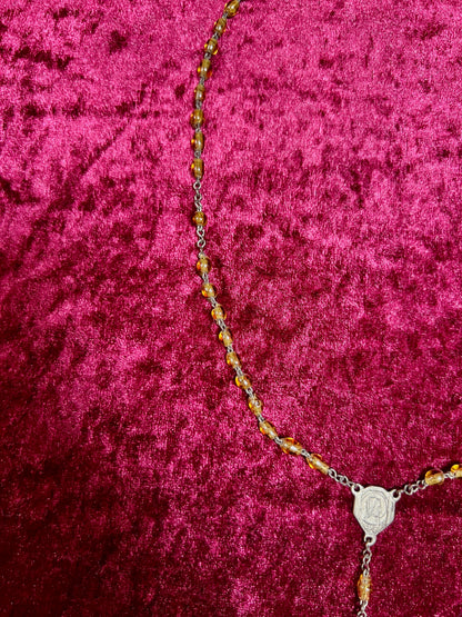 Vintage Jewelry - Rosary Beads - Clear Amber Beads - Brass Tone Cross - 14"