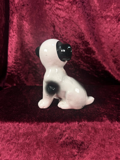 Vintage 1950s Ceramic Dog Figurine – Black & White Puppy with Big Eyes