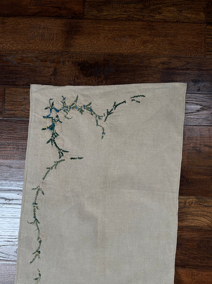 Vintage Rectangular Linen Table Runner - Hand Embroidered Puffy Pink Rosebud Vine