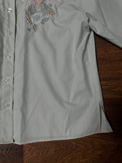 Vintage Koret Francisca Cotton Blend Blouse – Green Pinstripe Floral Embroidery – Medium
